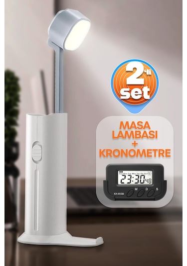 2li Set Şarjlı Masa Lambası + Kronometreli Öğrenci Saati Renk Ayarlı Ders Çalışma Okuma Lambası 975 Beyaz