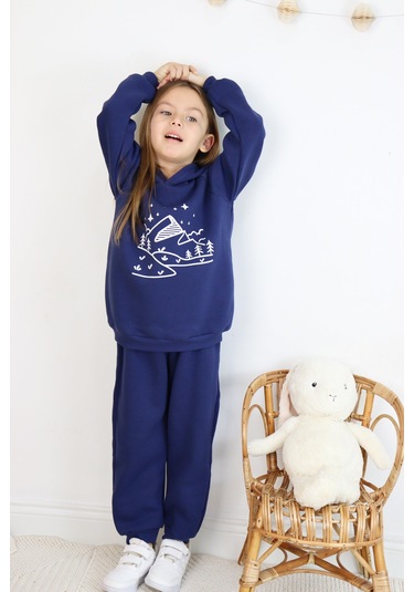 3 İp Baskılı Kapüşonlu Şardonlu İkili Takım Lacivert