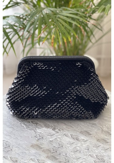 El Yapımı Siyah Pullu Parlak Örgü El Çantası Siyah