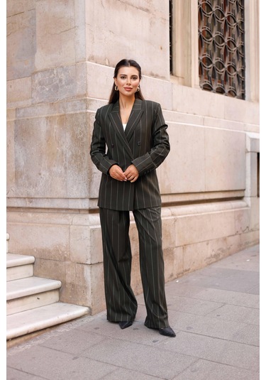 4 Düğmeli Kruvaze Geniş Çizgili Takım Haki Haki