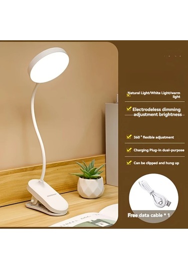 Boatshop1 1pc Usb Şarj Edilebilir Dokunmatik Kontrollü Led Masa Lambası Ayarlanabilir Parlaklık Göz Koruma Okuma Lambası Beyaz Plastik Taban Klipsli Ev Ve Ofis İçin Ahşap