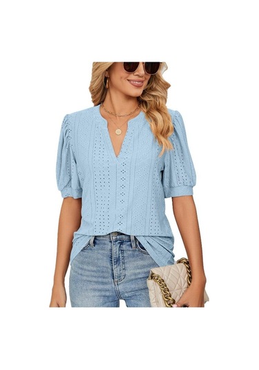 Yaz Katı Dantel Kadın Gömlek Zarif Içi Boş Puf Kısa Kollu Kazak Bluz Kadın Rahat V Yaka Gevşek Kadın Üstleri Blusas 24698 Gökyüzü Mavisi Gök Mavisi