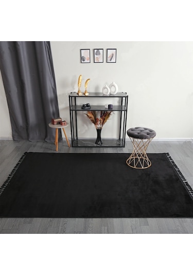 Siyah Fluffy Düğüm Saçaklı Post Peluş Halı Kaymaz Taban