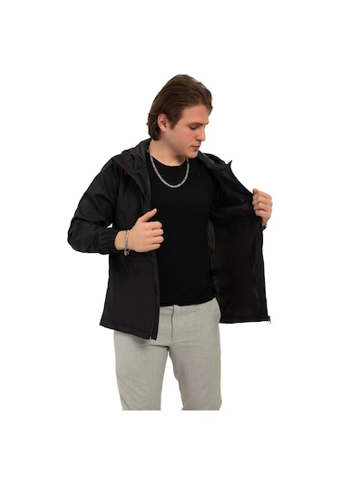 Erkek Astarlı Kanguru Cepli Su Ve Rüzgar Geçirmez Kapüşonlu Cepli Yağmurluk Haki