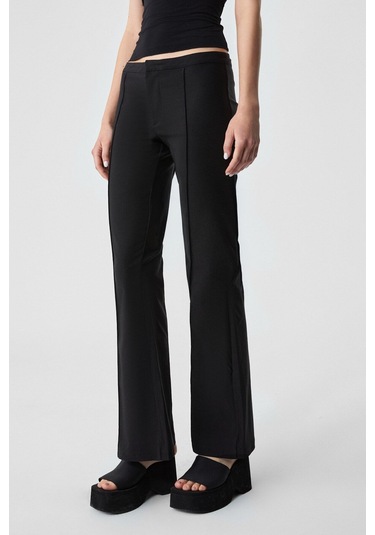 GRIMELANGE Efılıus Kadın Slim Geniş Paça Fermuarlı Siyah Pantolon Siyah