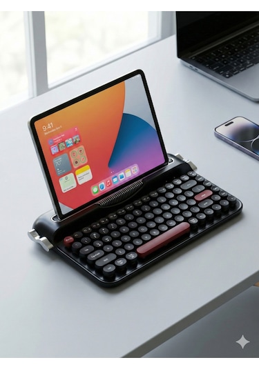 Ravelia Retro Kablosuz Klavye Bluetooth + 2.4g Çoklu Cihaz Yuvalı Pembe Siyah