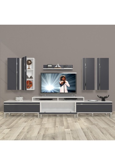 Decoraktiv Ekoflex 8d Mdf Krom Ayaklı Tv Ünitesi Tv Sehpası Beyaz - Antrasit