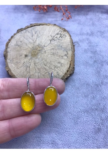 Sarı Akik Taşı Gümüş Küpe 925 Ayar Doğal Taş