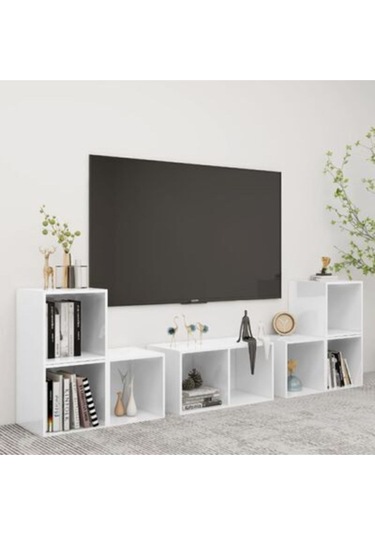 Tdesıgno Gülan Kitaplıklı Televizyon Sehpası - Ünitesi -kitaplık-beyaz 180 Cm 8 Raflı Beyaz