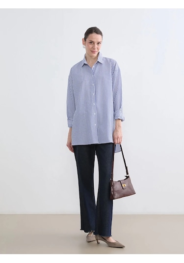 LC Waikiki Mavi Çizgili Oversize Poplin Kadın Gömlek Tunik