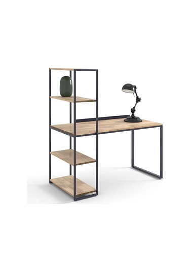 Dou Metal Raflı Masif Panel Doğal Ahşap Çalışma Masası Siyah