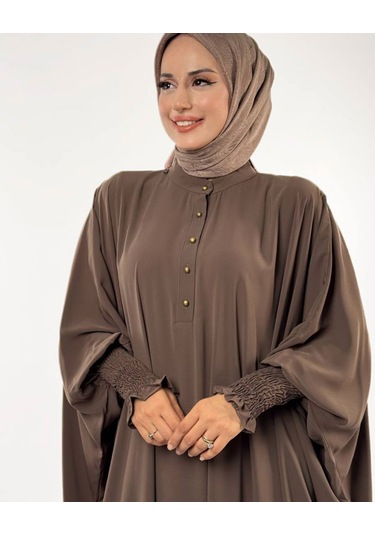 Düğme Detaylı Yarasa Kol Medine İpeği Cilbab Kahverengi