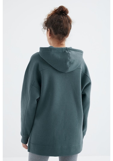 Tommy Life Orman Yeşili Reglan Kol Basic Kapüşonlu Oversize Sweatshirt Tunik - 97242 Orman Yeşili