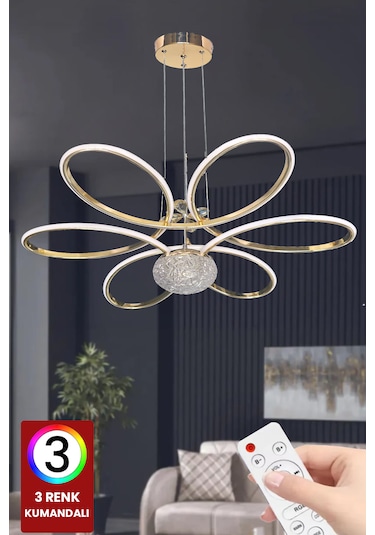 Fuzon Orkide Rose Gold Kaplama Led Avize Büyük Salon Avize 3 Renk Kumandalı Avize Rose Gold