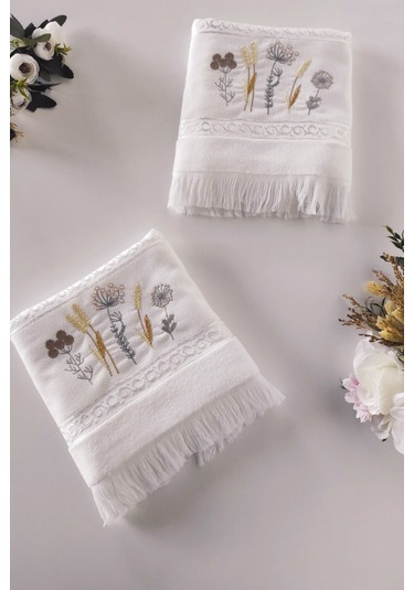 2'li Nakışlı Jakarlı Kadife El Yüz Havlusu - %100 Pamuk - Beyaz Beyaz Beyaz