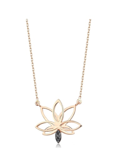 Siyah Pırlanta Lotus Çiçeği Kolye Rose Gold