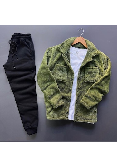 Unisex Haki Peluş Polar Hırka Gömlek Siyah Eşofman Altı Takım Haki - Siyah