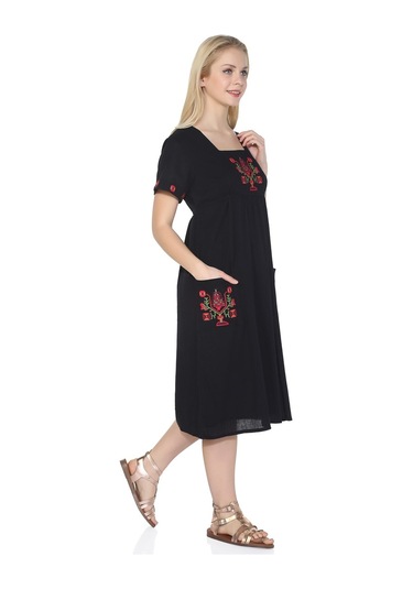 Kısa Kol Şile Bezi Melek Midi Boy Elbise Siyah Syh Siyah