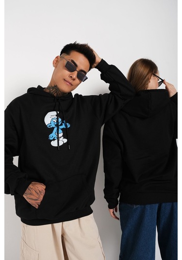 Siyah Unisex Ikili Şirinler Baskılı Oversize Kapşonlu Sweatshirt Hoodie Tw-Tomjerrybaskı Siyah