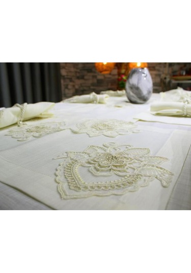 Fransız Dantelli El İşi Menekşe 34 Parça Amerikan Servis Seti Krem Krem