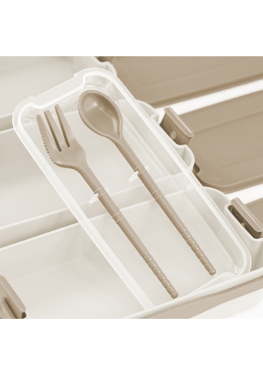 İronika 1260 Ml 3 Katlı Kapaklı Çatal Bıçaklı Beslenme Kutusu Lunch Box Beslenme Kabı - Kahve Kahverengi