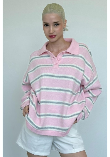 Pembe Polo Yaka Çizgili Kadın Triko Kazak Mg2469 Pembe