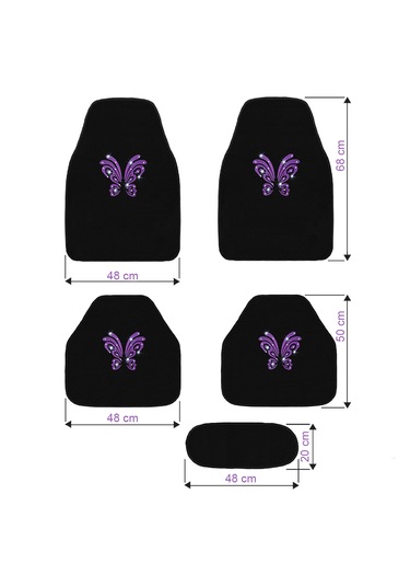 Kadın Sürücülere Özel: Mor Kelebek Zarafeti & Taşlı Siyah Oto Halı Paspas Seti 5 Parça Nakışlı