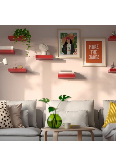 Ahşap Duvar Rafı 30x26x5cm Kırmızı Ayaksız Raf Ikea Dekoratif Raf