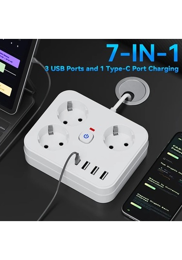 Motion003 7si 1 Arada Guc Seridi 3 Ac Cikisi 3 Usb 1 Tip C Asiri Yuk Korumasi Duvara Monte Beyaz 1524cm