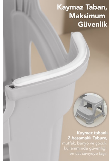 2 Basamaklı Merdiven Tabure - Kaydırmaz Tabanlı Çok Amaçlı Basamak Tabure Gri