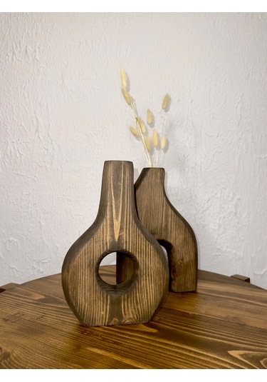 O&a Wood Doğal Ahşap Dekoratif İkili Takım Biblo Vazo Ceviz