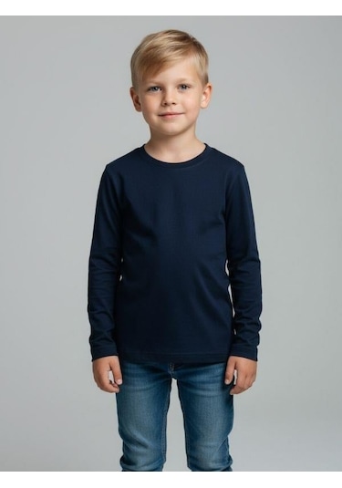 Zekids Erkek Çocuk Pamuklu Uzun Kol Basic T-shirt-16713 Lacivert