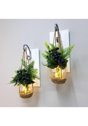 Duvar Dekoru, Led Işıklı, Mavi Kokina Çiçekli, Beyaz Aplik İkili Set