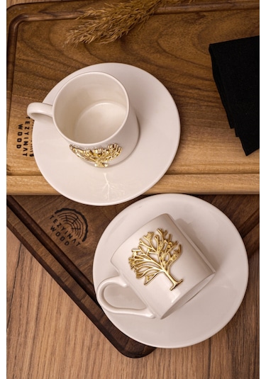 Heda Porselen Hayat Ağacı Altın Kabartma Motif 2 Kişilik Kahve Fincan Takımı