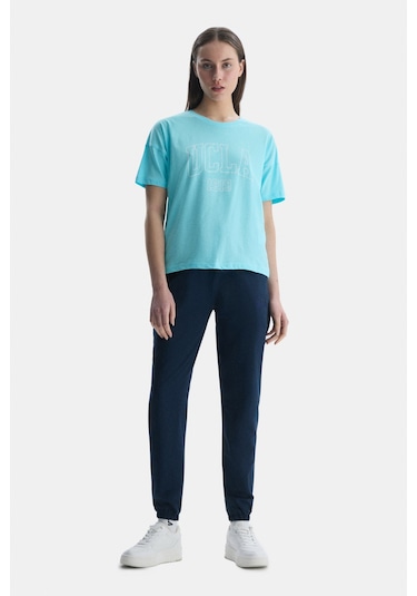 Ucla Sanchez Mavi Bisiklet Yaka Baskılı Standard Fit Kadın Tshirt Mavi