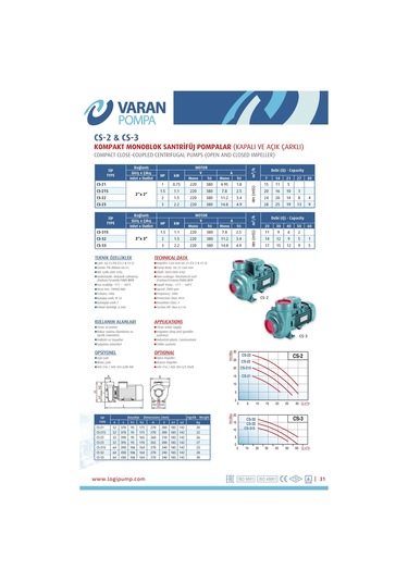 Varan Cs 33 Tek Kademe Monoblok Santrifüj Pompa 3 Hp / 2.2 Kw, Trifaze 380 V, 17 Mss, 60 M3/h