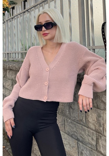 Madmext Pudra Uzun Kollu Düğmeli Crop Hırka Mg2198 Pudra