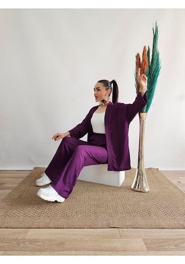 İpli Mor Renk Cep Detaylı Bol Paça Kimono Takım Mor