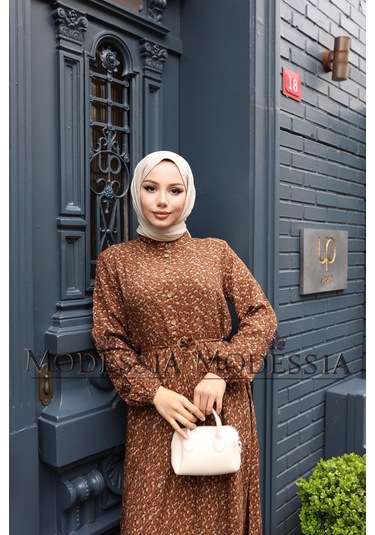 Kadın Kahve %100 Viskon Pamuklu Belden Bağlamalı Çiçek Desen Kat Kat Elbise V9540 Kahve