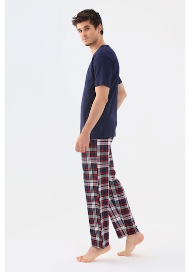 Erkek Kısa Kollu Ekose Desenli Pamuklu Pijama Takımı Ko6303pj-1 Lacivert