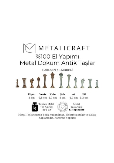 Mc44 Büyük Boy Metal Satranç Takımı Gerçek Ceviz Tahta El Yapımı Antik Taşlar 35x35cm