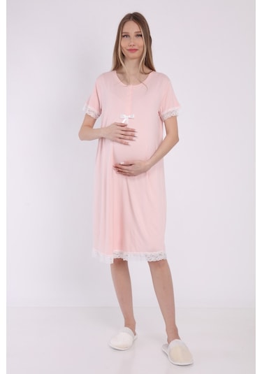 Luvmabelly Myra9592 Önden Çıt Çıtlı Dantelli Hamile Geceliği -pembe-pembe