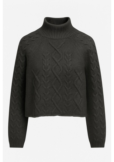 6855 Kadın Dik Yaka Saç Örgülü Triko Kazak Antrasit Antrasit