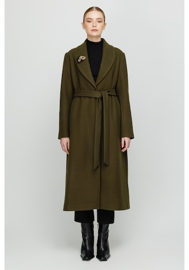 Broş Detaylı Önden Bağlamalı Ara Boy Manto Haki-haki Haki