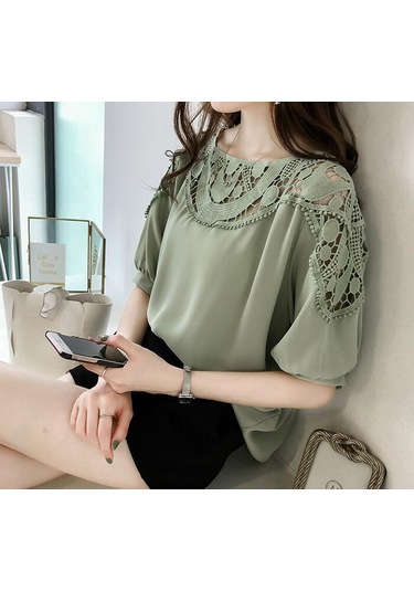 Moda Kısa Kollu Kadın Bluz Gömlek Şifon Kadın Giyim Artı Boyutu Kadın Üstleri Ofis Gömlek Mavi