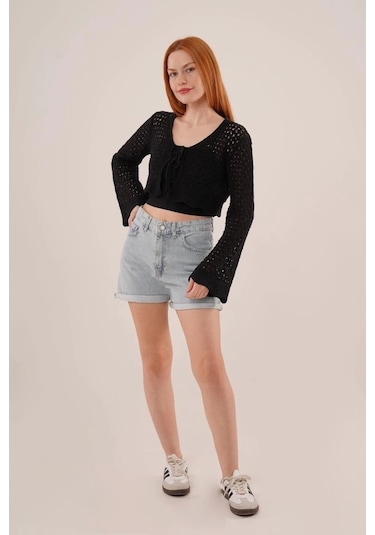 Ön Bağlamalı Ajurlu Crop Siyah Hırka Siyah