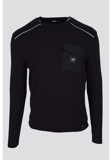 Erkek Triko Bisiklet Yaka Cep Detaylı Siyah 3753 Siyah