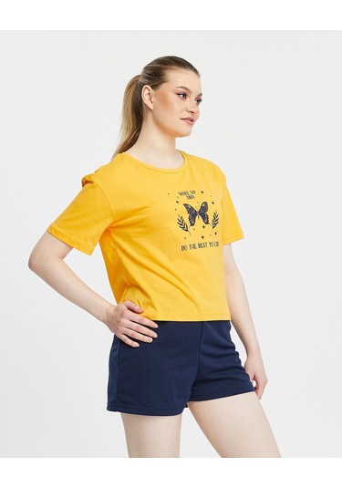 Bella Dossi Pamuklu Kısa Kollu Baskılı Kadın Şortlu Yazlık Pijama Takımı Sarı-lacivert Lacivert - Sarı