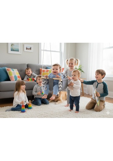 Ahşap Çocuk & Bebek Salıncağı Gri Renk Minder Yastık Ve Diş Halkalı Tavan Salıncak