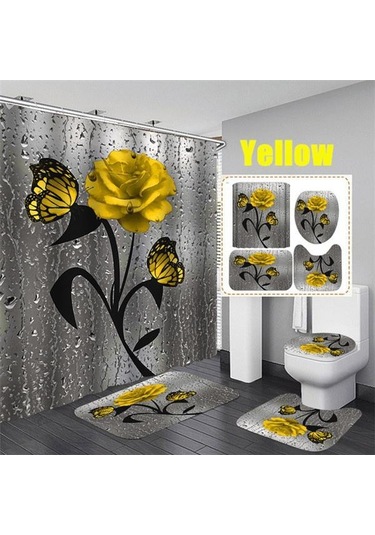 Sarı Çiçek Açan Çiçekler Gül Kelebek Duş Perdesi Seti Su Geçirmez Banyo Klozet Kapağı Banyo Kaymaz Mat Halı Halı Banyo Dekor 4 A Sarı
